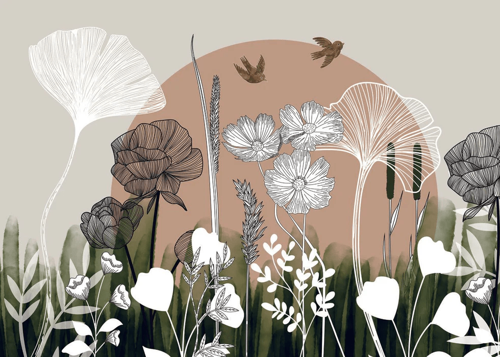 Papier peint Illustration Florale - H250cmx L350cm - Matière Softouch, XXL, tendance