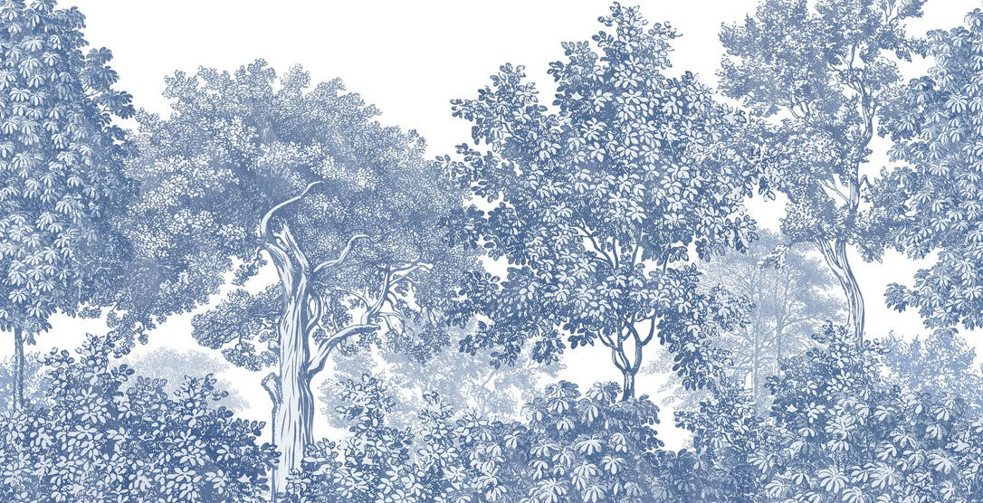 Papier peint Paysage Forêt Gravure Bleu - H120cmx L234cm - Matière Softouch, XXL, tendance