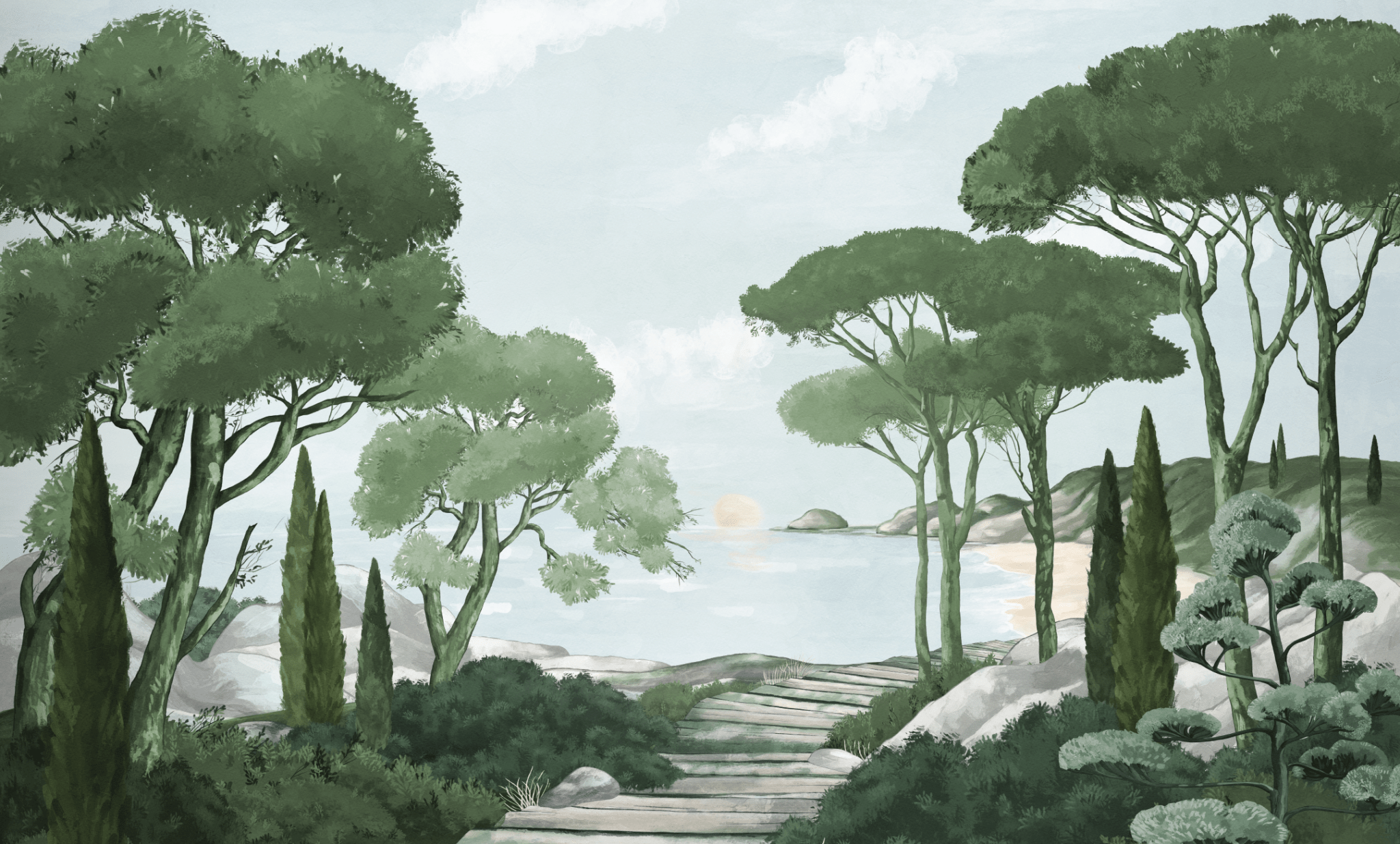 Papier Peint Panoramique Balade dans les Calanques Vert - H269cm x L454cm - Matière Softouch - Muralconcept