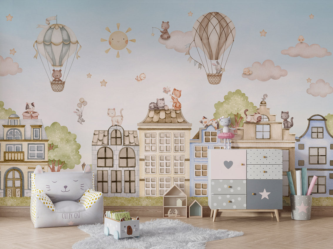 Papier peint enfant - Les chats de la ville - Muralconcept