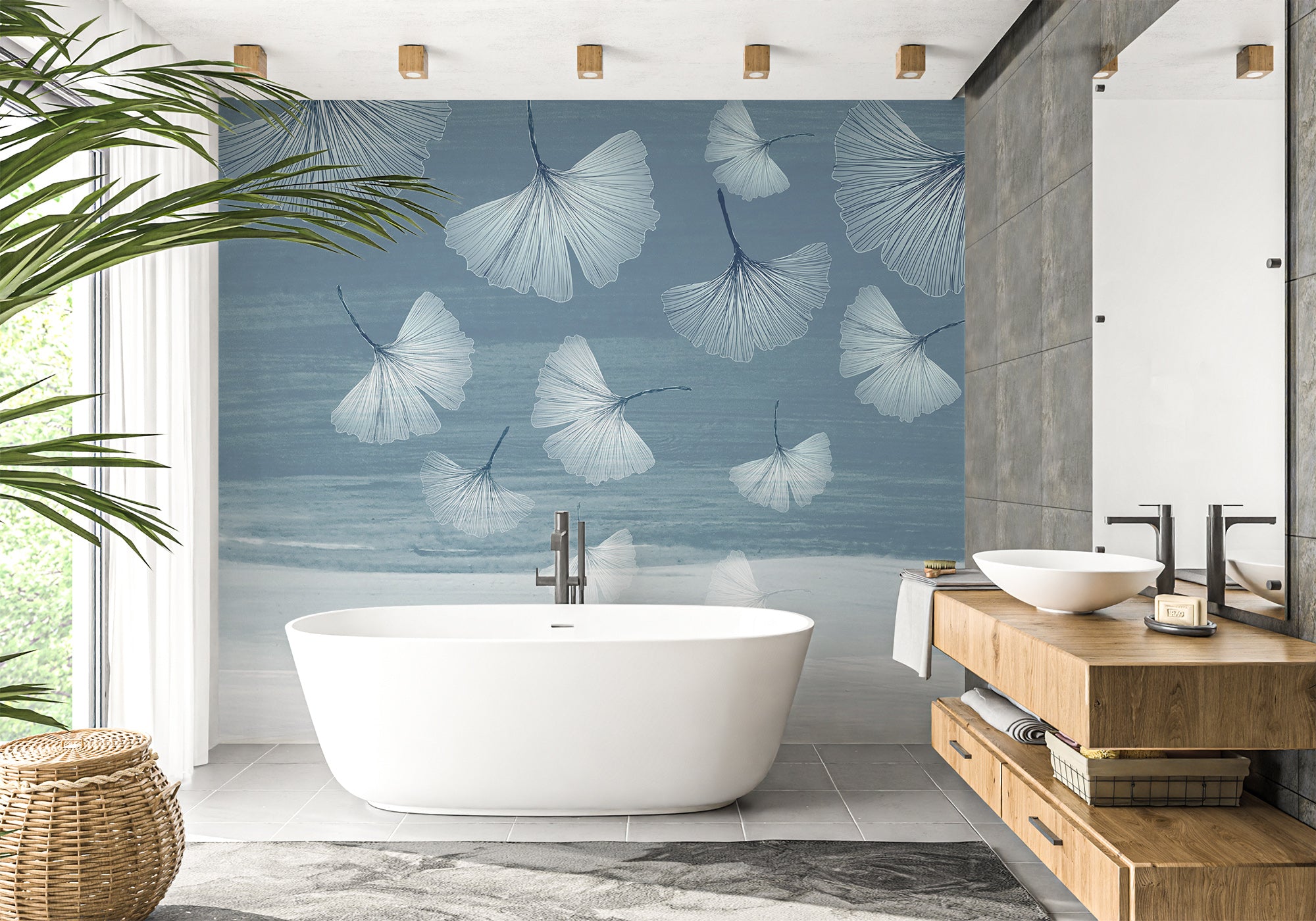 Papier peint salle de bain japandi blue gingko, XXL, tendance