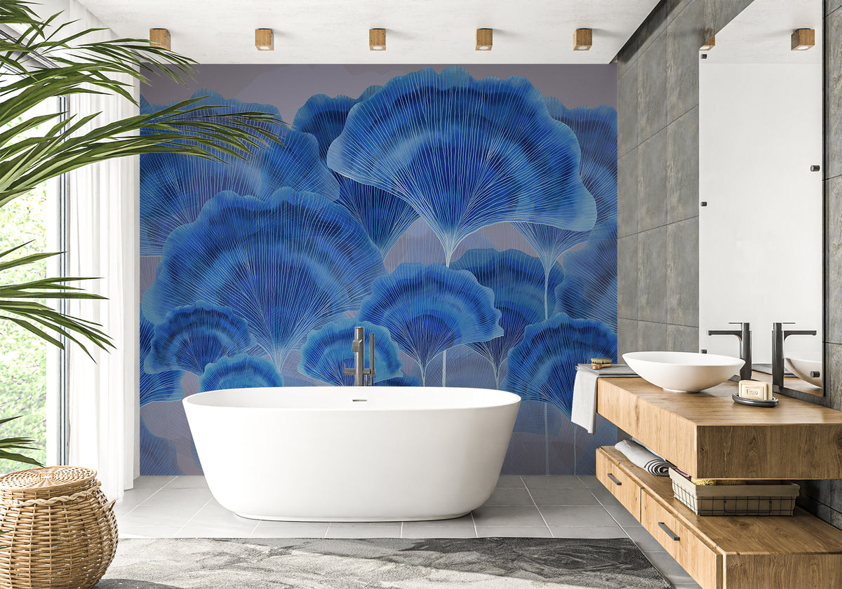 Papier peint salle de bain contemporain ginkgo zen bleu