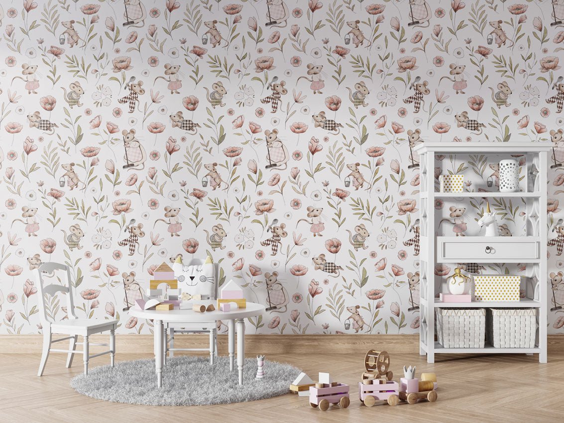 Papier peint à motif pour enfant. Le jardin des petites souris - Muralconcept