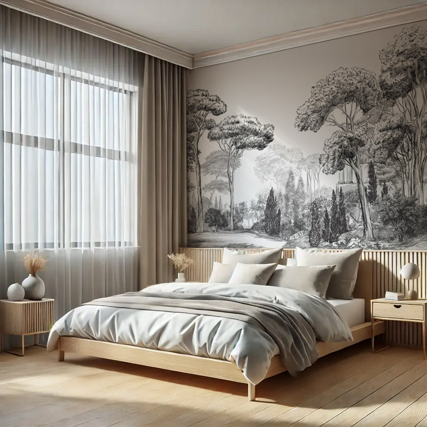 Papier peint pins élégants noirs et blancs - décor mural raffiné - Muralconcept