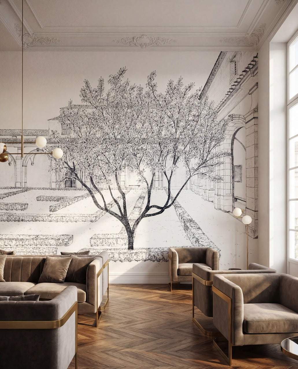 Papier peint panoramique sous les arcades – Jardin en gravure