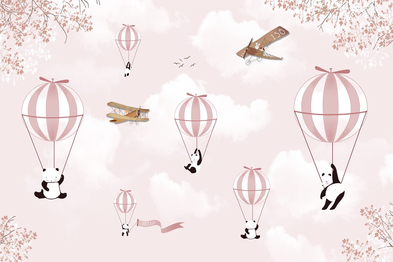 Papier peint chambre enfant Panda nuage rose, mural concept, tendance