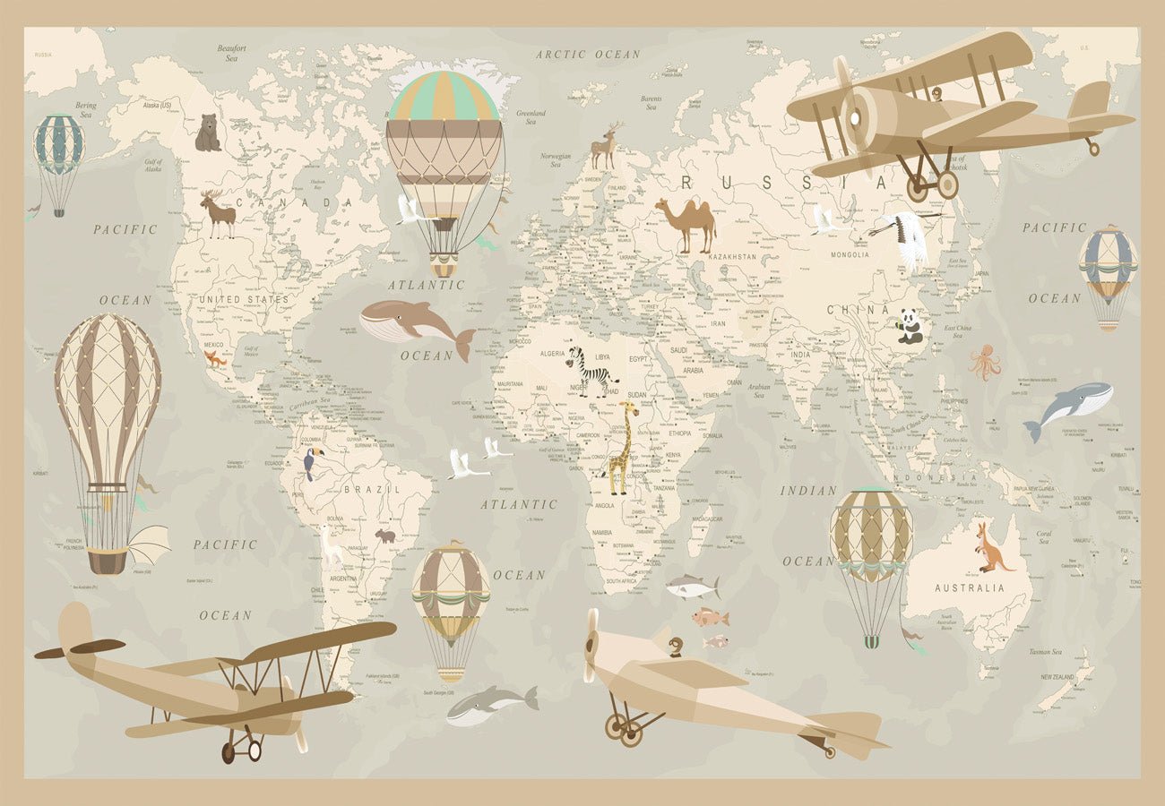 Papier peint enfant carte du monde aviateur, mural concept, tendance
