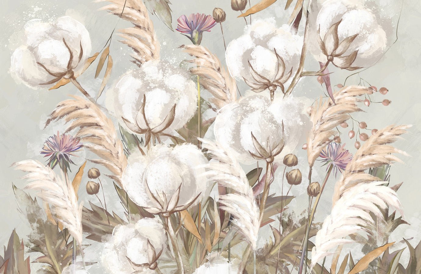 Papier peint panoramique fleur coton, mural concept, tendance