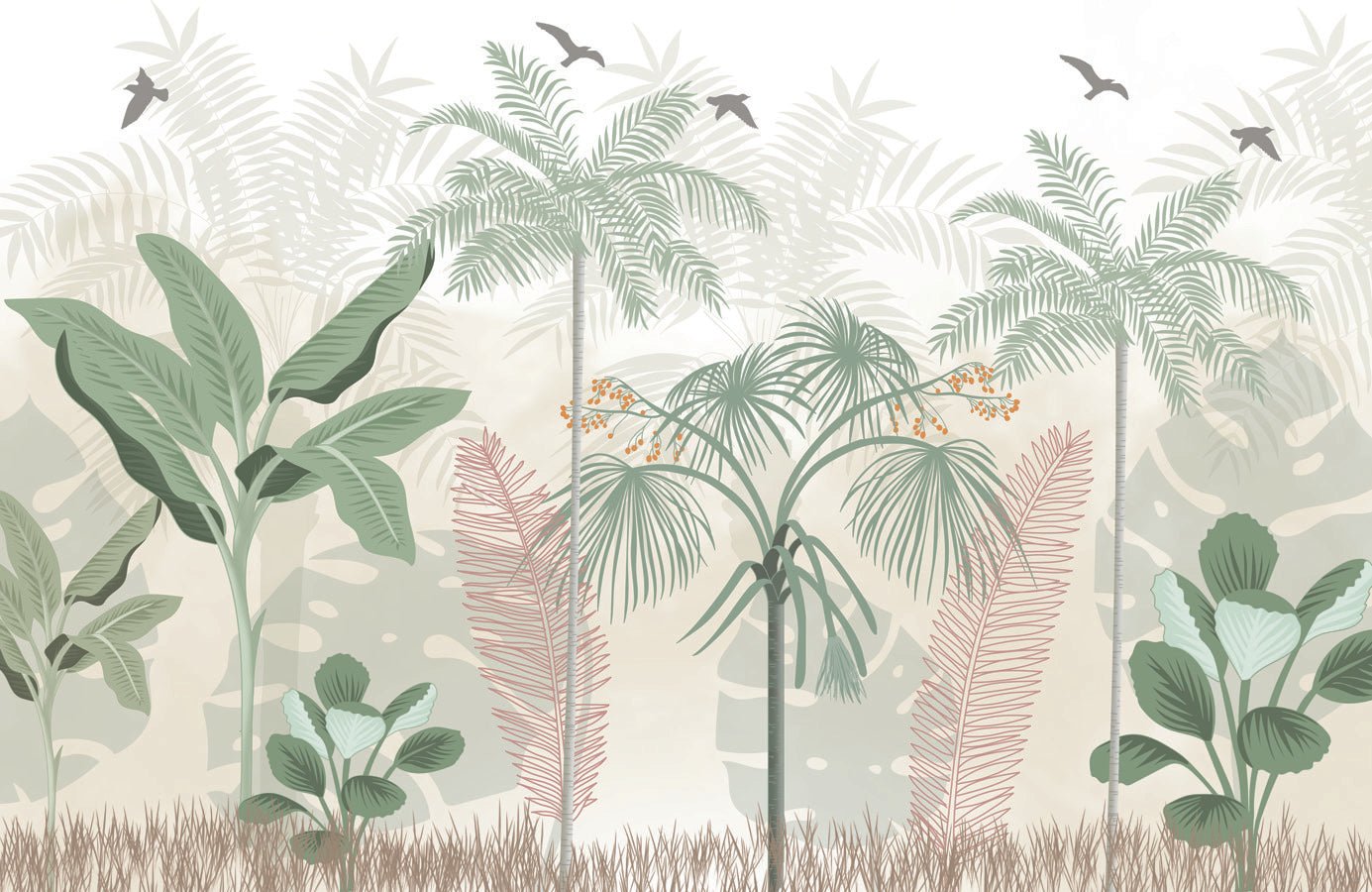 Papier peint panoramique jungle pastel, mural concept, tendance