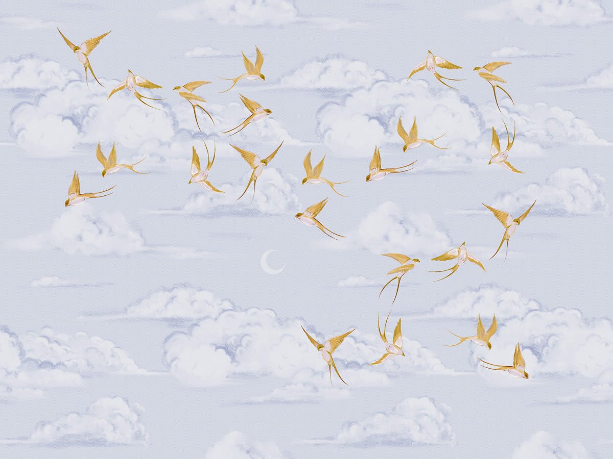 Papier peint nuage poétique oiseau or, mural concept, tendance