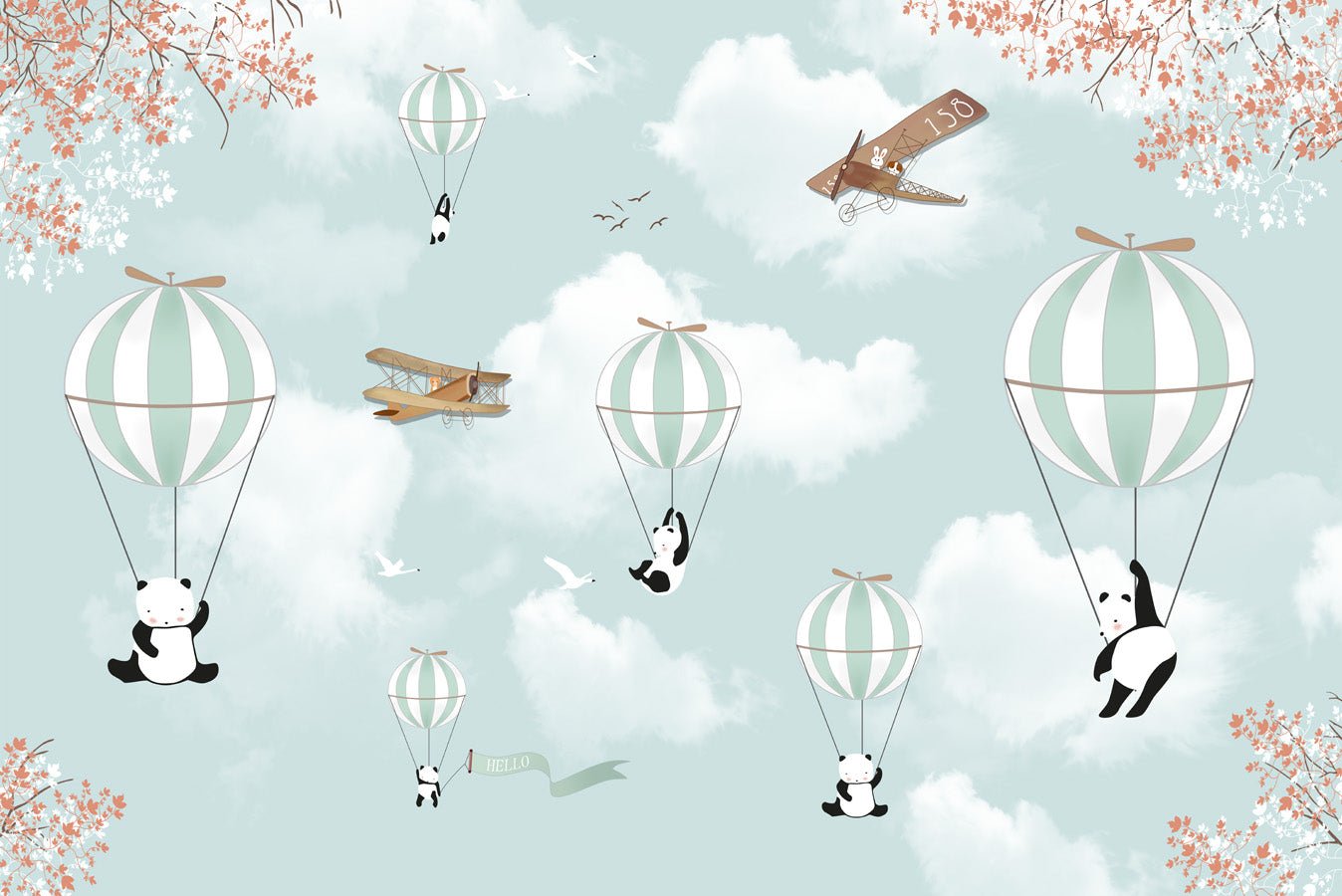 Papier peint Panda en montgolfières, mural concept, tendance