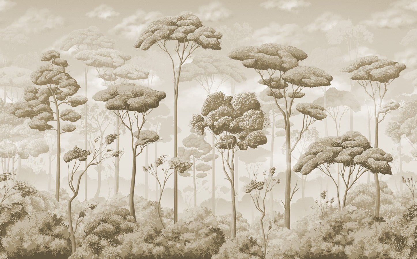 Papier peint panoramique pinède volupté sépia, mural concept, tendance