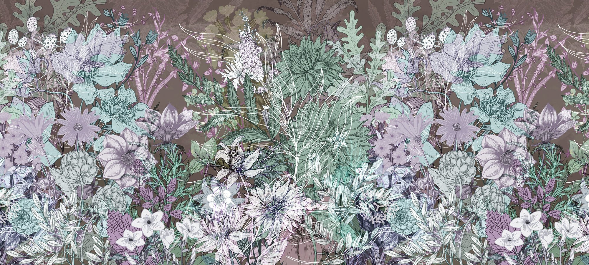 Papier peint panoramique plantes et fleurs parmes, mural concept, tendance