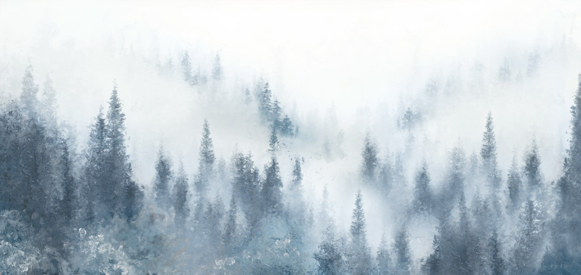 Papier peint restaurant sapin brume bleu aquarelle, mural concept, tendance