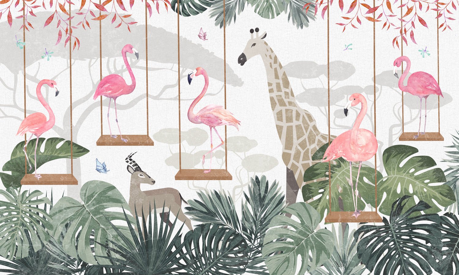 Papier peint panoramique savana sweet flamingo, mural concept, tendance