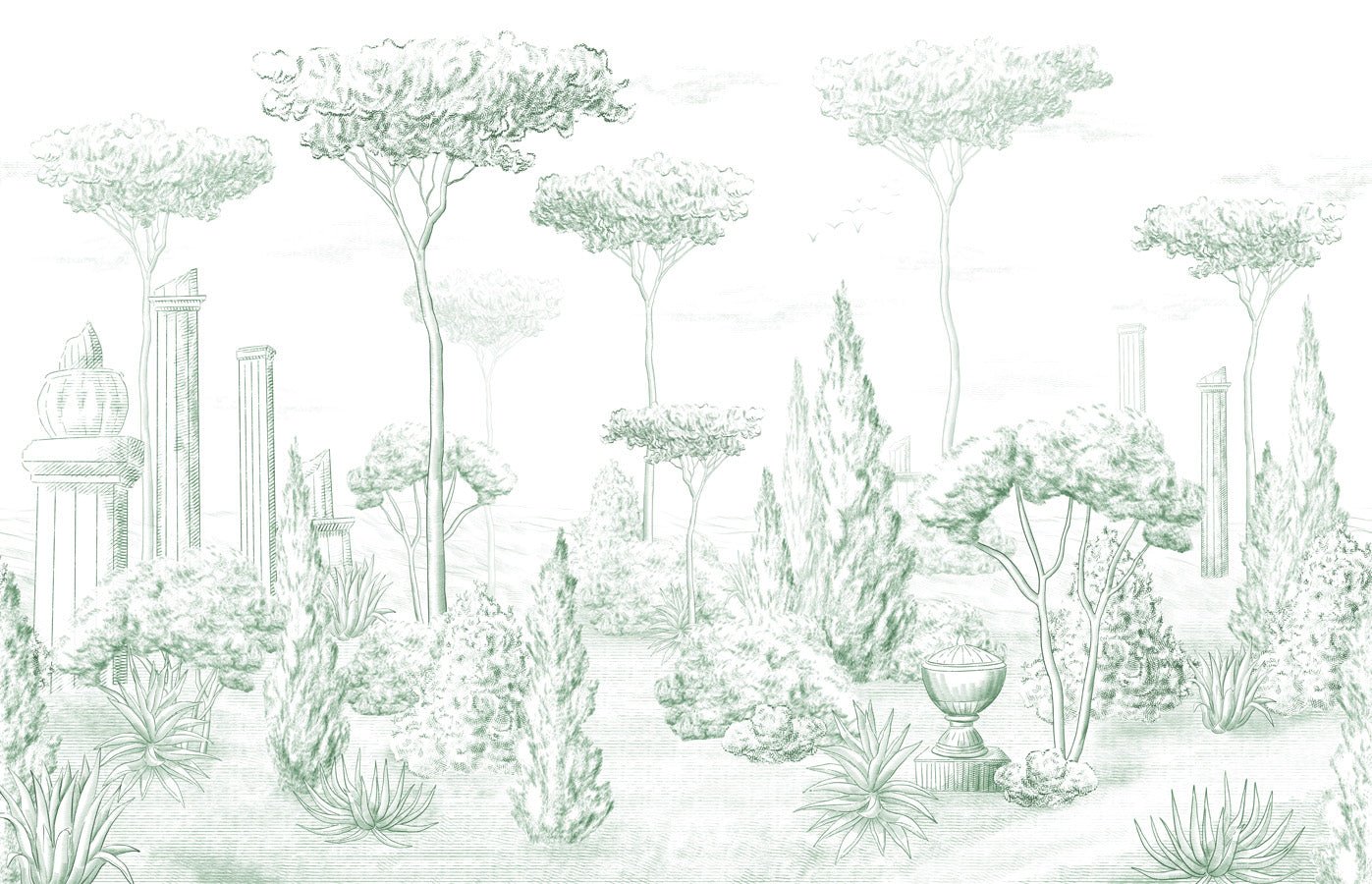 Papier peint style romain pinède vert, mural concept, tendance