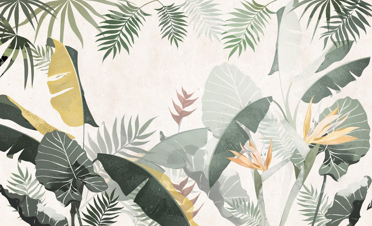 Papier peint restaurant végétal vert jaune, mural concept, tendance