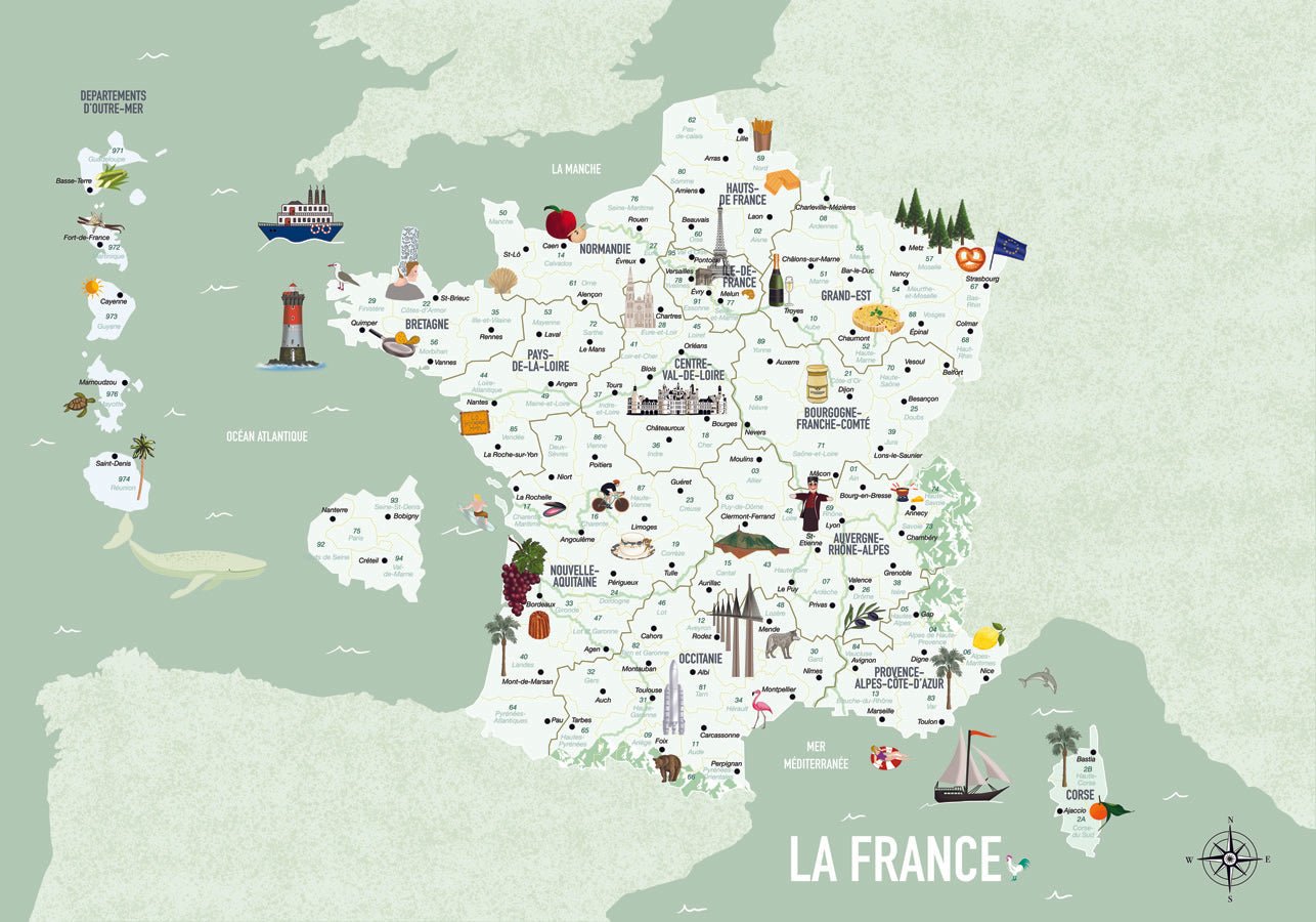 Papier peint carte de France enfant vert, mural concept, tendance