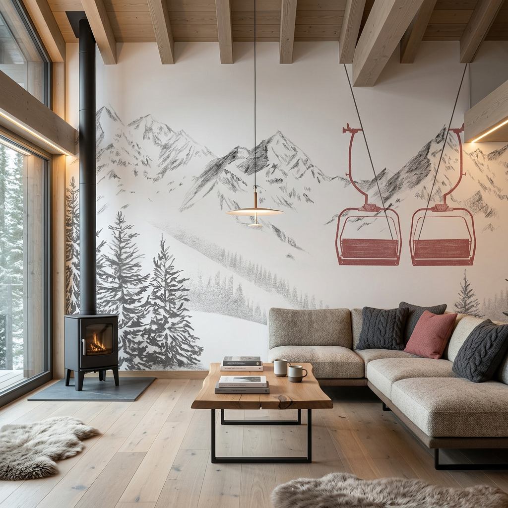 Papier peint immersion Alpine - Télésiège rouge - Muralconcept