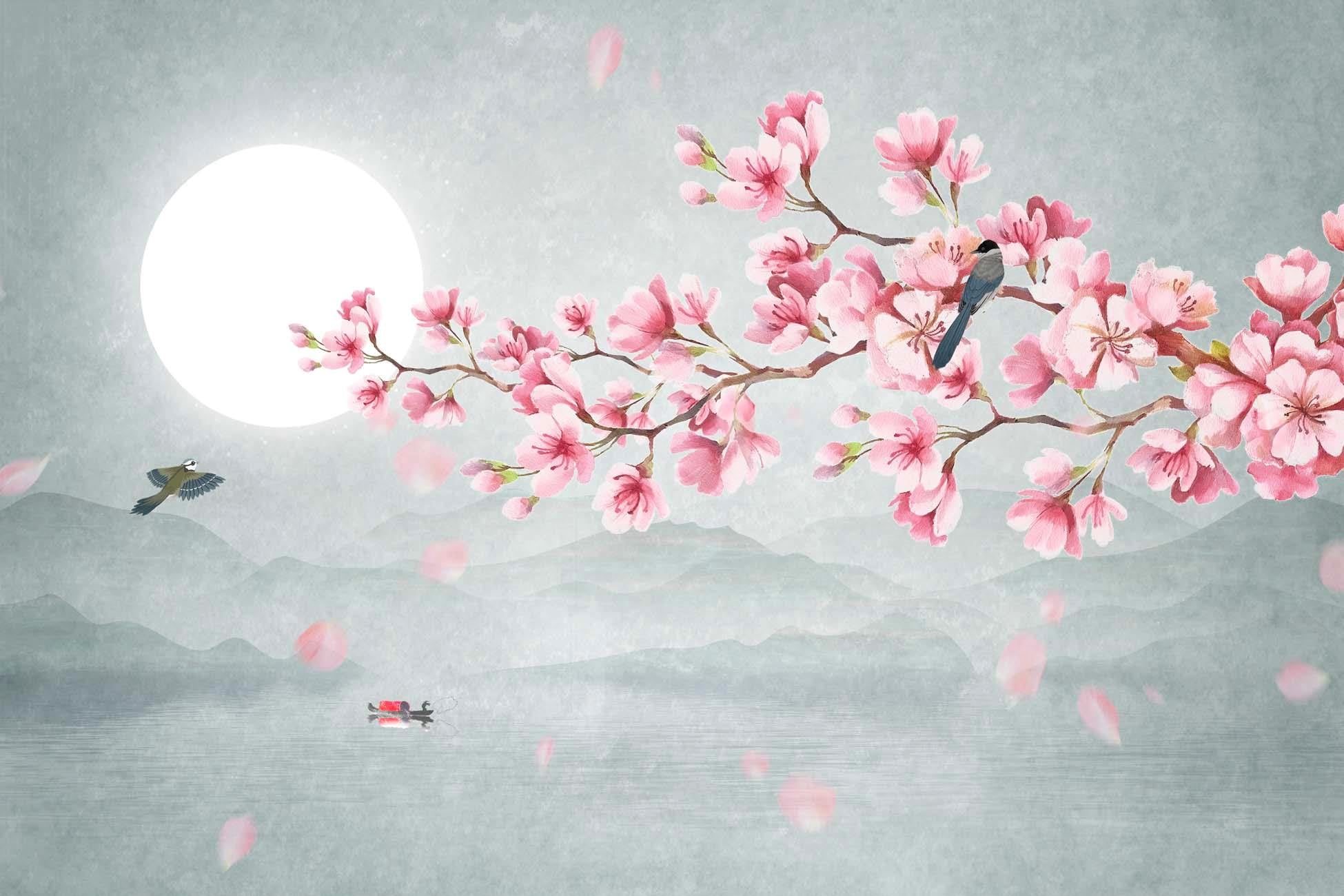 Papier peint salle de bain tendance floral cerisier poétique, XXL, tendance