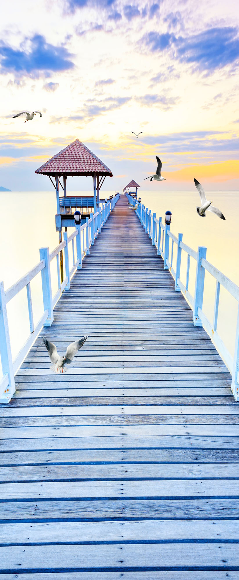 Papier peint escalier - Trompe-l'œil - Ponton vue sur mer - Muralconcept