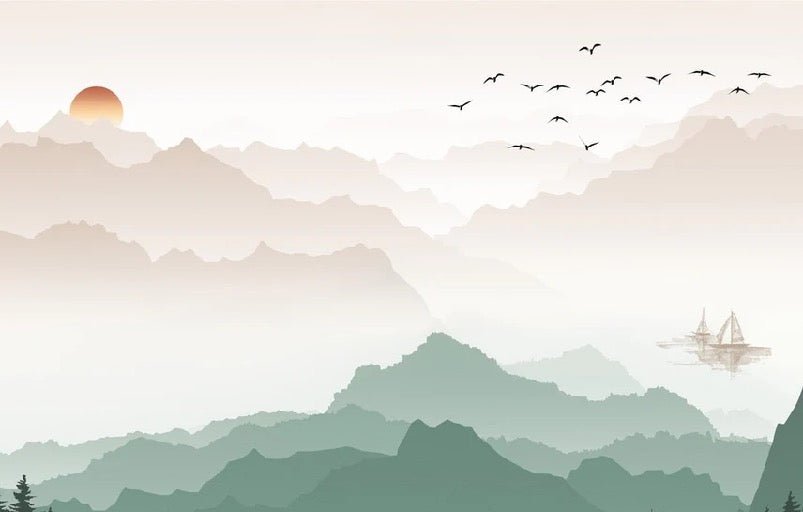 Papier peint montagne dans brume terracotta, XXL, tendance