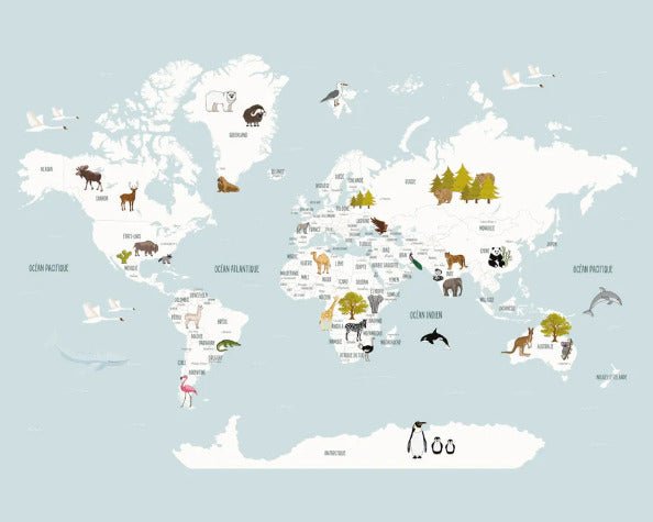 Papier peint Carte du monde en Francais enfant bleu glacier