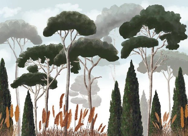 Papier peint sur mesure cyprès pins et herbes de la pampa