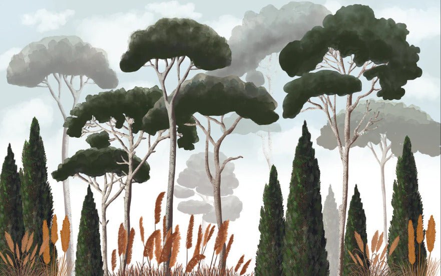 Papier peint sur mesure cyprès pins et herbes de la pampa, mural concept, tendance