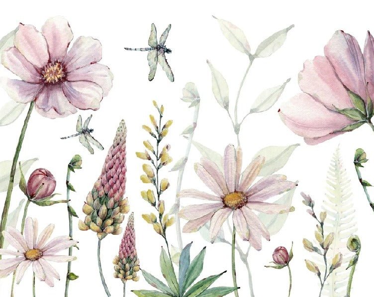 Papier peint fleurs et libellules