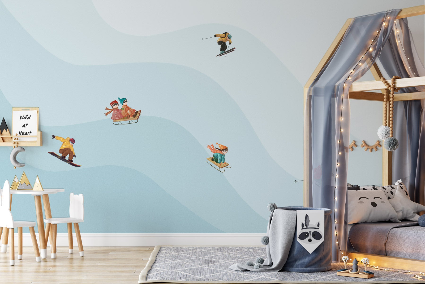 Papier peint enfant skieurs bleu, XXL, tendance