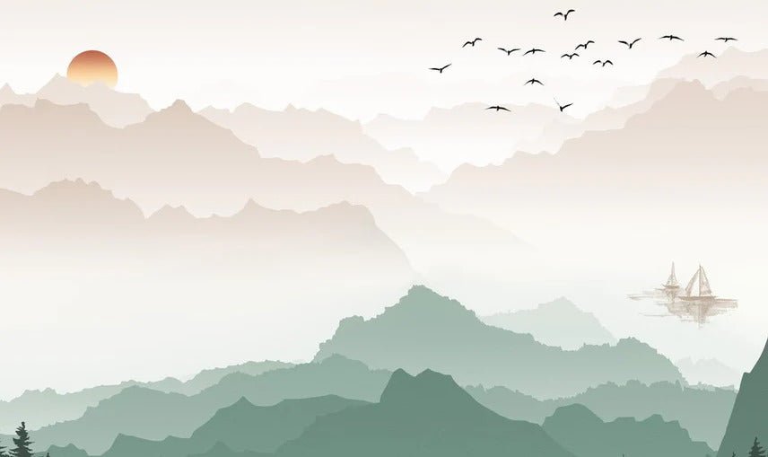 Papier peint montagne dans brume terracotta, XXL, tendance