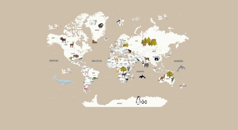 Papier peint Carte du monde en Francais enfant beige, XXL, tendance