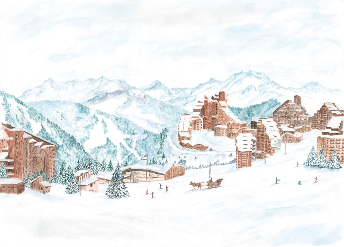 Papier peint panoramique Avoriaz – Ski, caleche, montagne en aquarelle