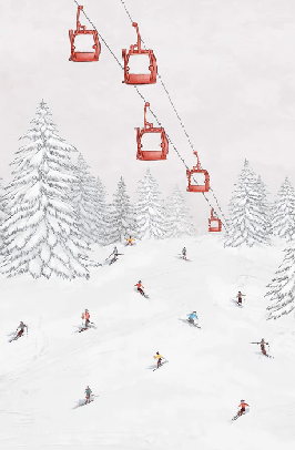 Papier peint télécabine skieurs colorés - Muralconcept