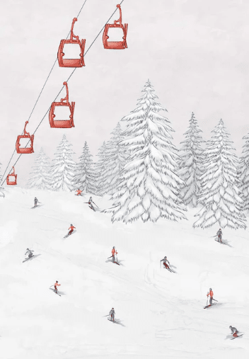 Papier peint télécabine skieurs colorés - Muralconcept