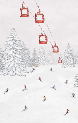 Papier peint télécabine skieurs colorés - Muralconcept