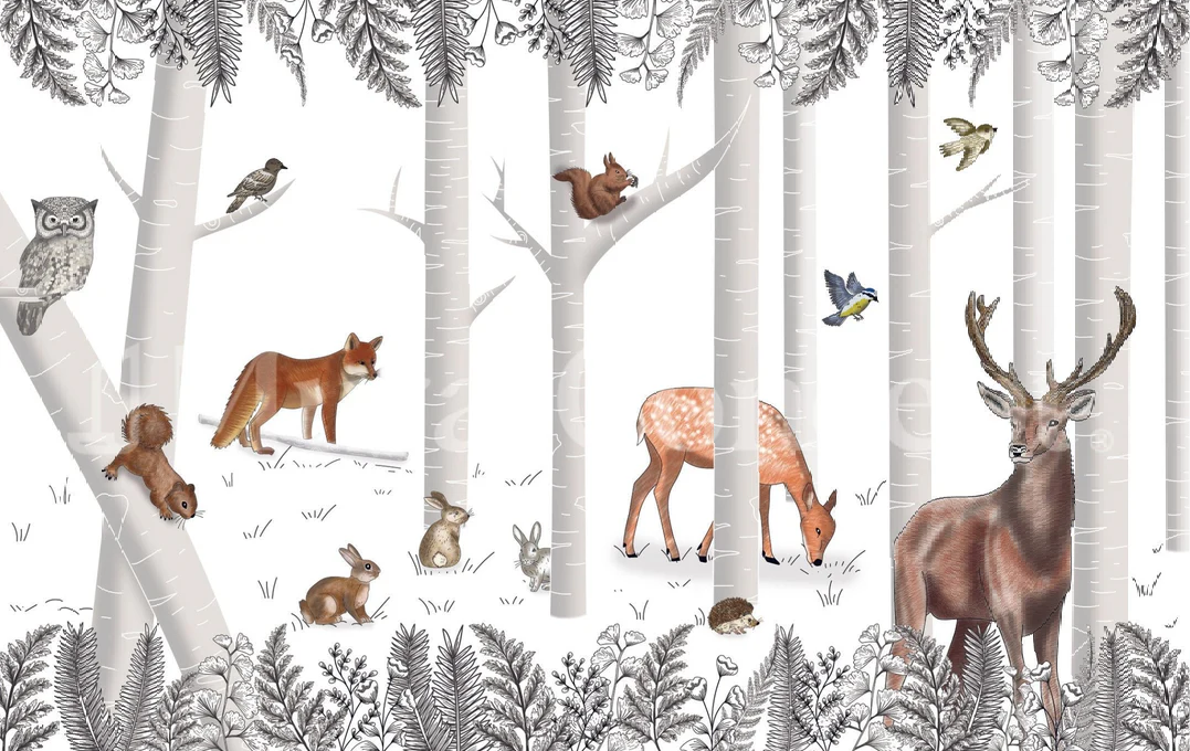 Papier peint bois enchanté et ses animaux - Muralconcept