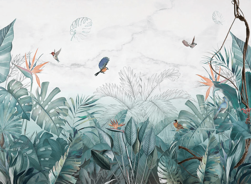 Papier peint jungle bleu marbre