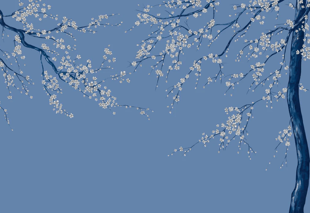 Papier peint panoramique fleur Sakura bleuté