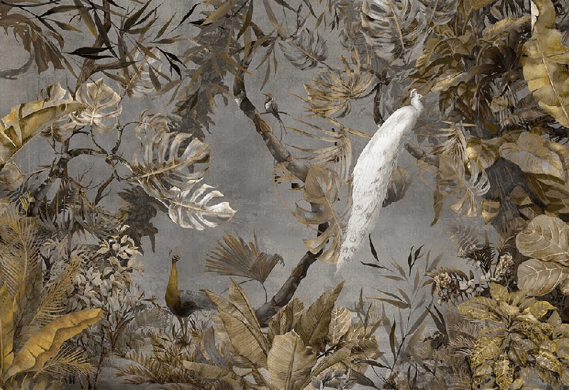 Papier peint panoramique paon blanc impérial - Muralconcept