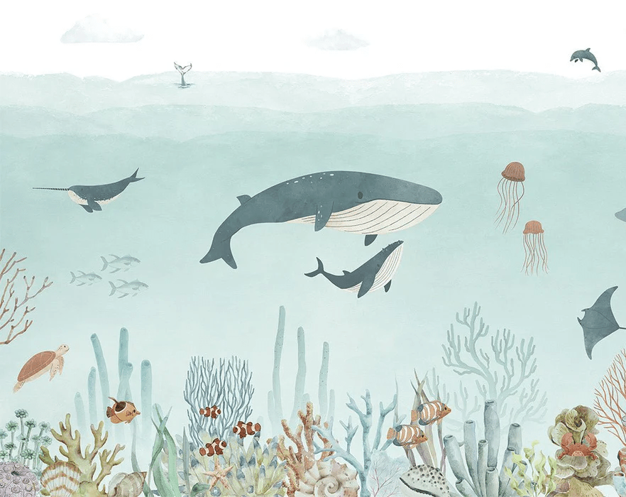 Papier peint bébé baleines bleu