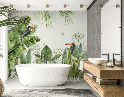 Papier peint salle de bain jungle oiseau exotique - Muralconcept