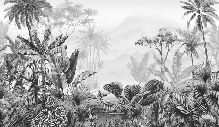 Papier peint tendance tropical noir et blanc, XXL, tendance