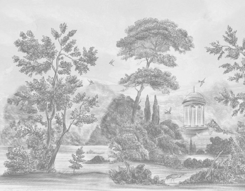 Papier peint panoramique Villa Borghese Rome – Gravure noir et blanc pins italiens - Muralconcept