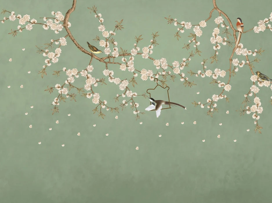 Papier peint sakura zen vert - Muralconcept