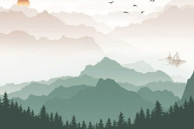 Papier peint montagne dans brume terracotta