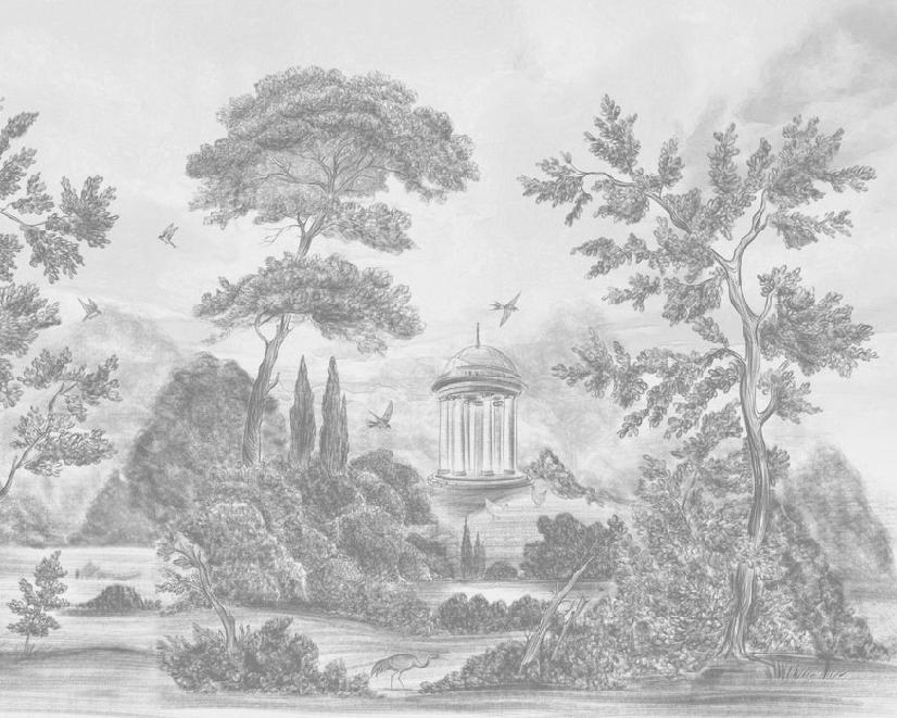 Papier peint panoramique Villa Borghese Rome – Gravure noir et blanc pins italiens - Muralconcept