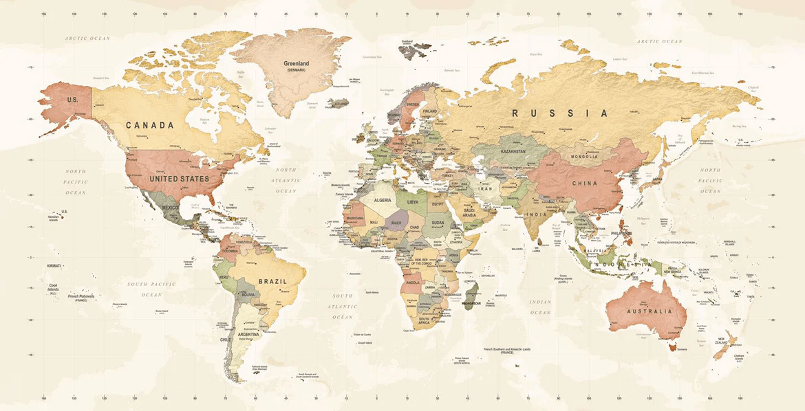 Papier peint panoramique carte du monde exploration - Muralconcept