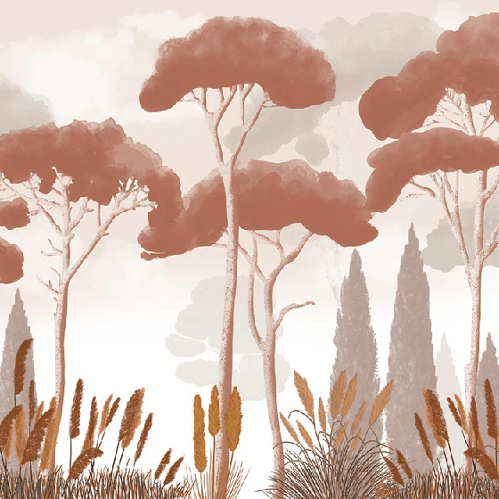 Papier peint cyprès pins et herbes de la pampa terracotta, XXL, tendance